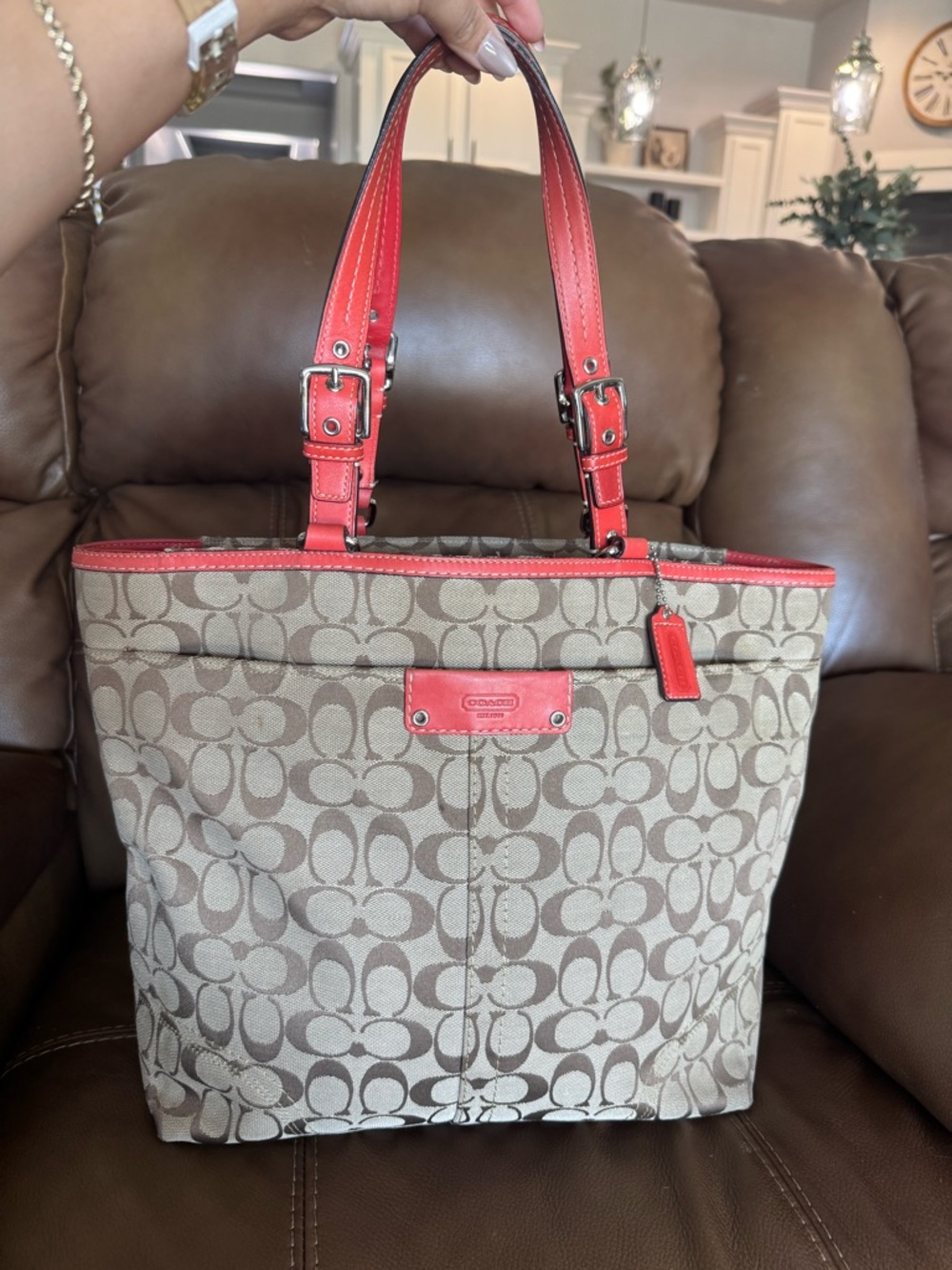 Coach Signature Canvas Tote in Khaki with Coral Trim vintage y2k